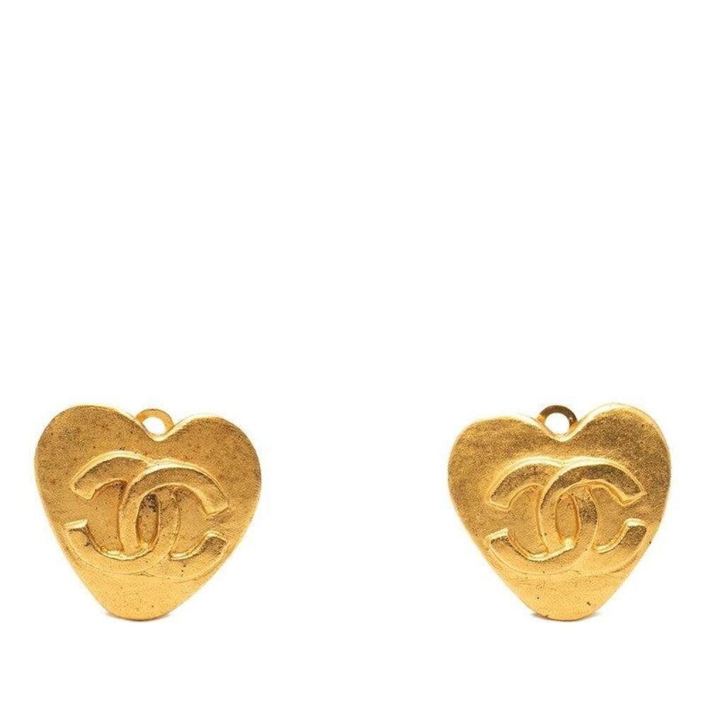 Chanel CC Logo Heart Motif Plated Earrings Gold
